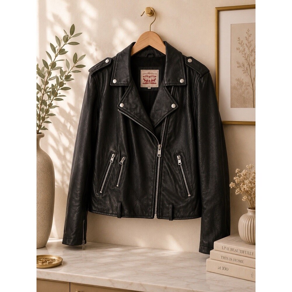 Levi's Women's Black Snakeskin Faux Leather Moto Jacket Size L No Belt